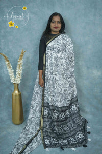 ICS1225 Black & White Linen-Cotton saree featuring floral and vine (bel) print.