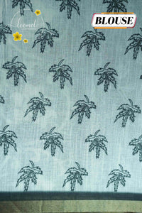 ICS1225 Black & White Linen-Cotton saree featuring floral and vine (bel) print.