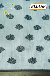 ICS1226 Black & White Linen-Cotton saree featuring lotus and vine (bel) print.
