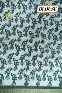 ICS1228 Black & White Linen-Cotton saree featuring swirling floral & foliage print.