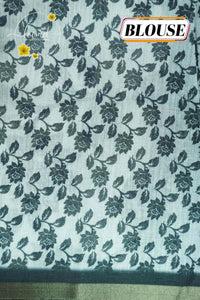 ICS1229 Black & White Linen-Cotton saree featuring lotus and foliage print.