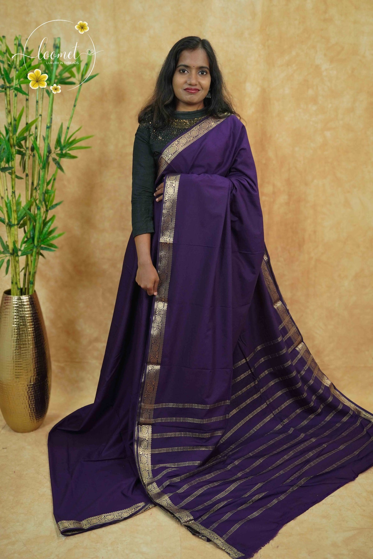 IMC5112 Deep Purple Georgette Viscose saree with horizontal gold zari stripes.