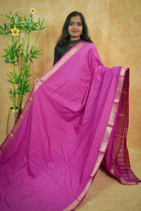 IMC5113 Rani Pink Georgette Viscose saree with horizontal gold zari stripes.