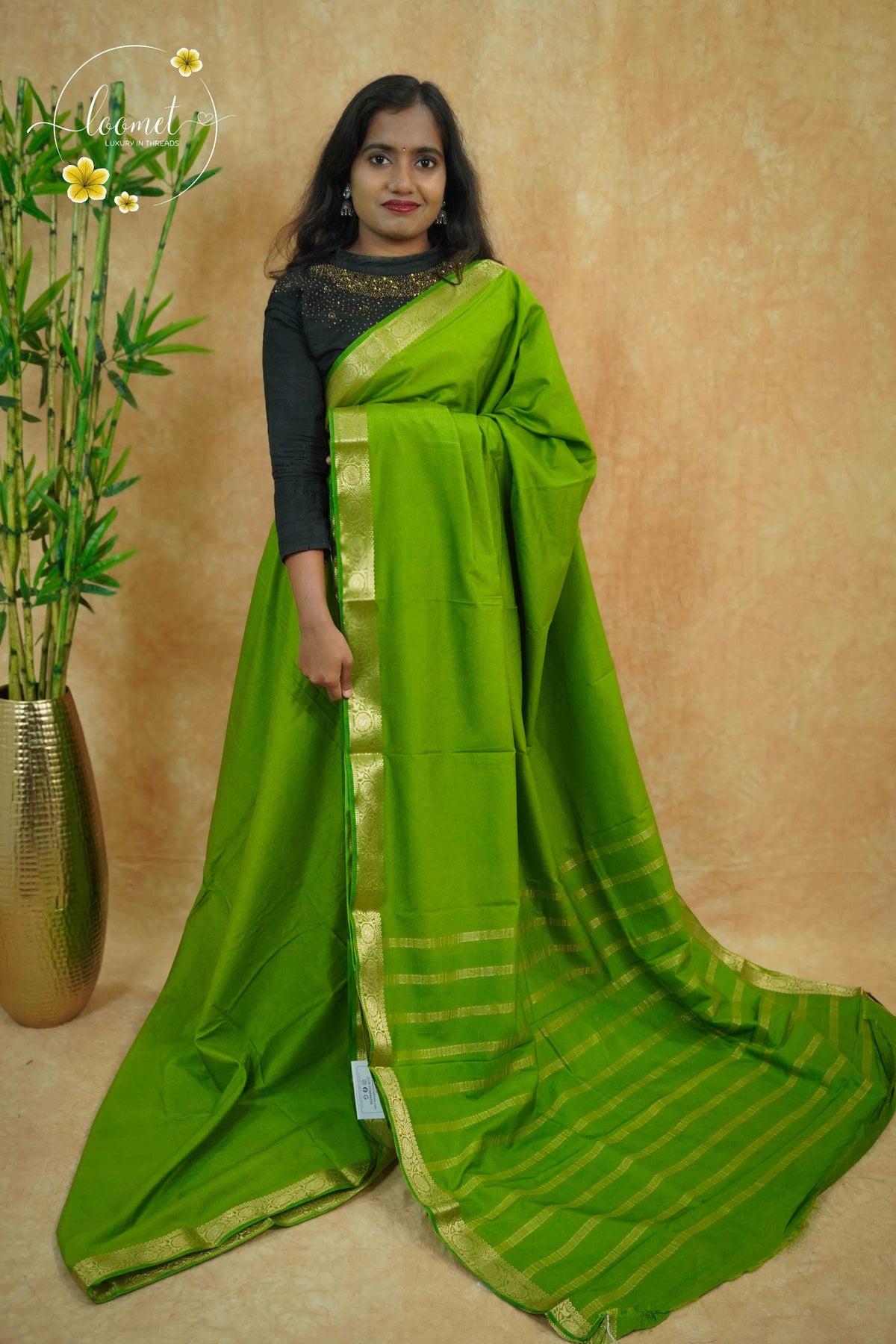 IMC5115 Parrot Green Georgette Viscose saree with horizontal gold zari stripes.