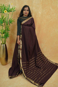 IMC5119 Chocolate Brown Georgette Viscose saree with horizontal gold zari stripes.