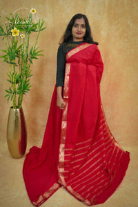 IMC5120 Red Georgette Viscose saree with horizontal gold zari stripes.