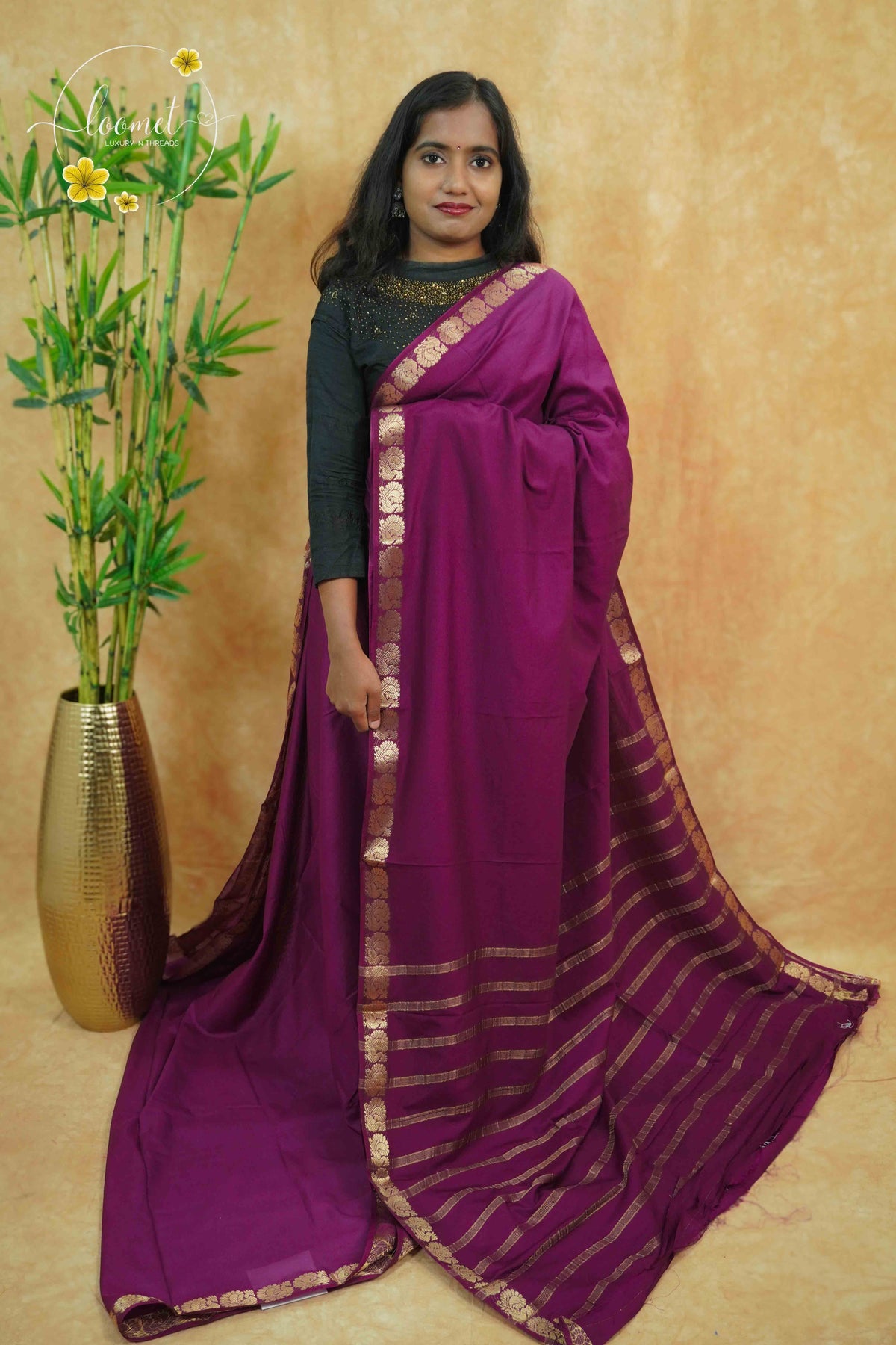 IMC7111 Deep Magenta Georgette viscose saree with annapakshi motif and Gold Zari stripes