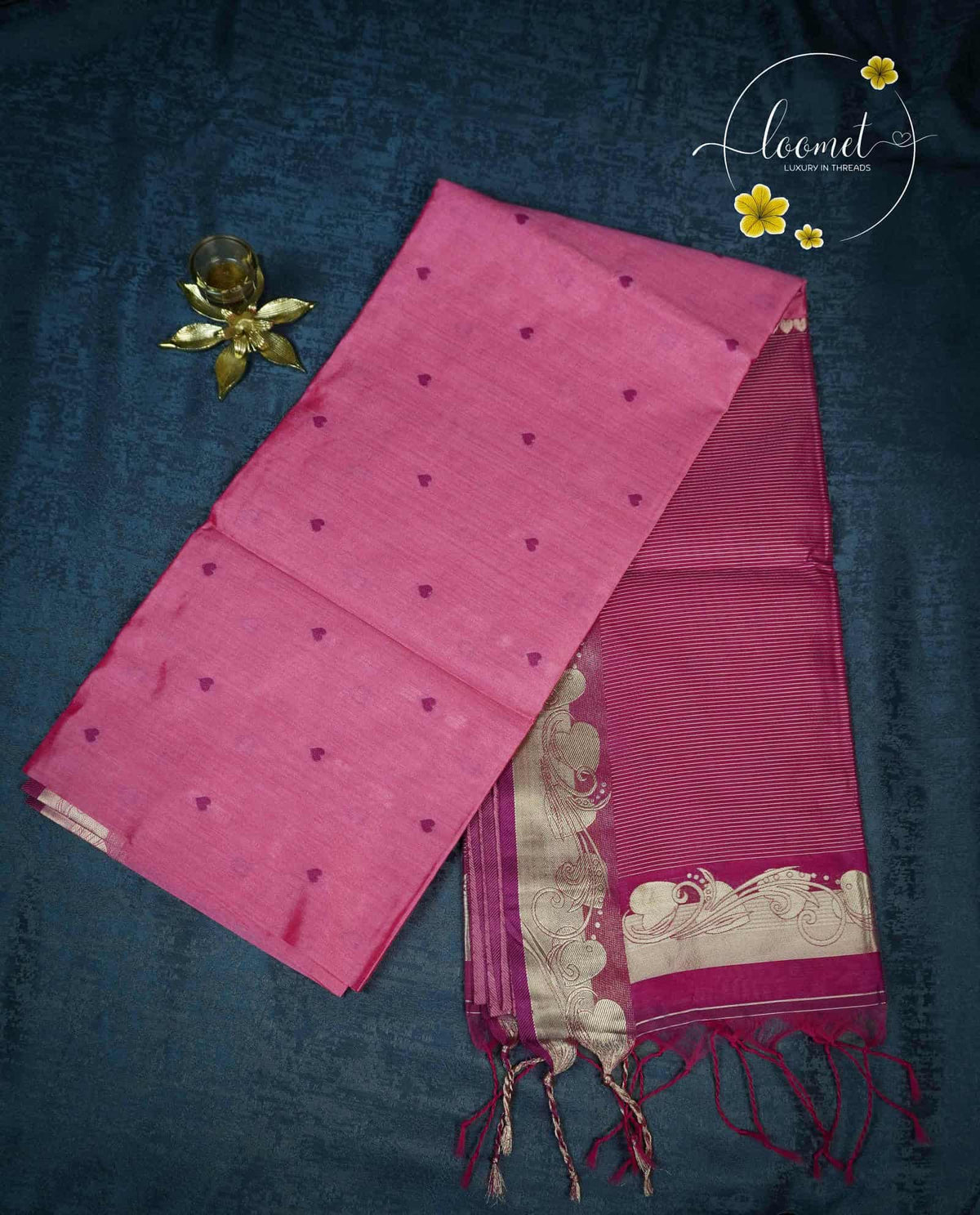 IS5513 Pink and Magenta Semi Chanderi Silk with fine horizontal and heart-shaped buttas.