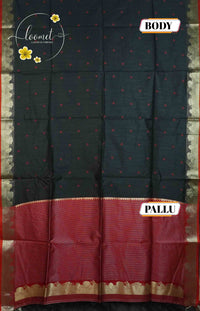 IS5514Jet Black and Maroon-Red Semi Chanderi Silk with fine horizontal and heart-shaped buttas