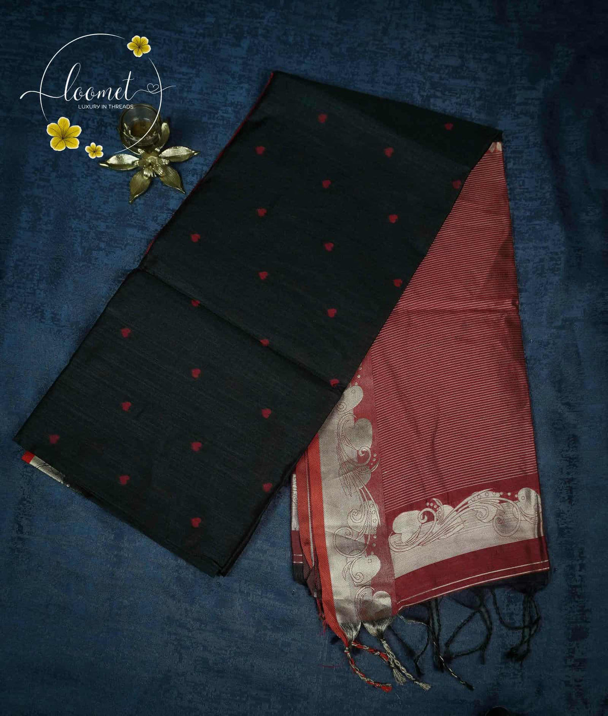 IS5514Jet Black and Maroon-Red Semi Chanderi Silk with fine horizontal and heart-shaped buttas