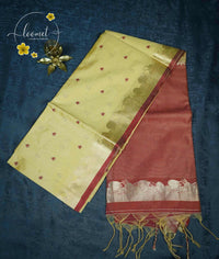 IS5516 Cream and Rust-Red Semi Chanderi Silk with fine horizontal and heart-shaped buttas