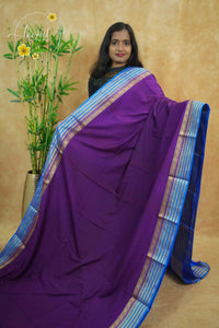 IS6114 Purple and Cerulean Blue Georgette Viscose saree with floral gold zari border.