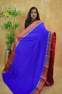 IS6116 Electric Blue and Crimson Red Georgette Viscose saree with floral gold zari border.