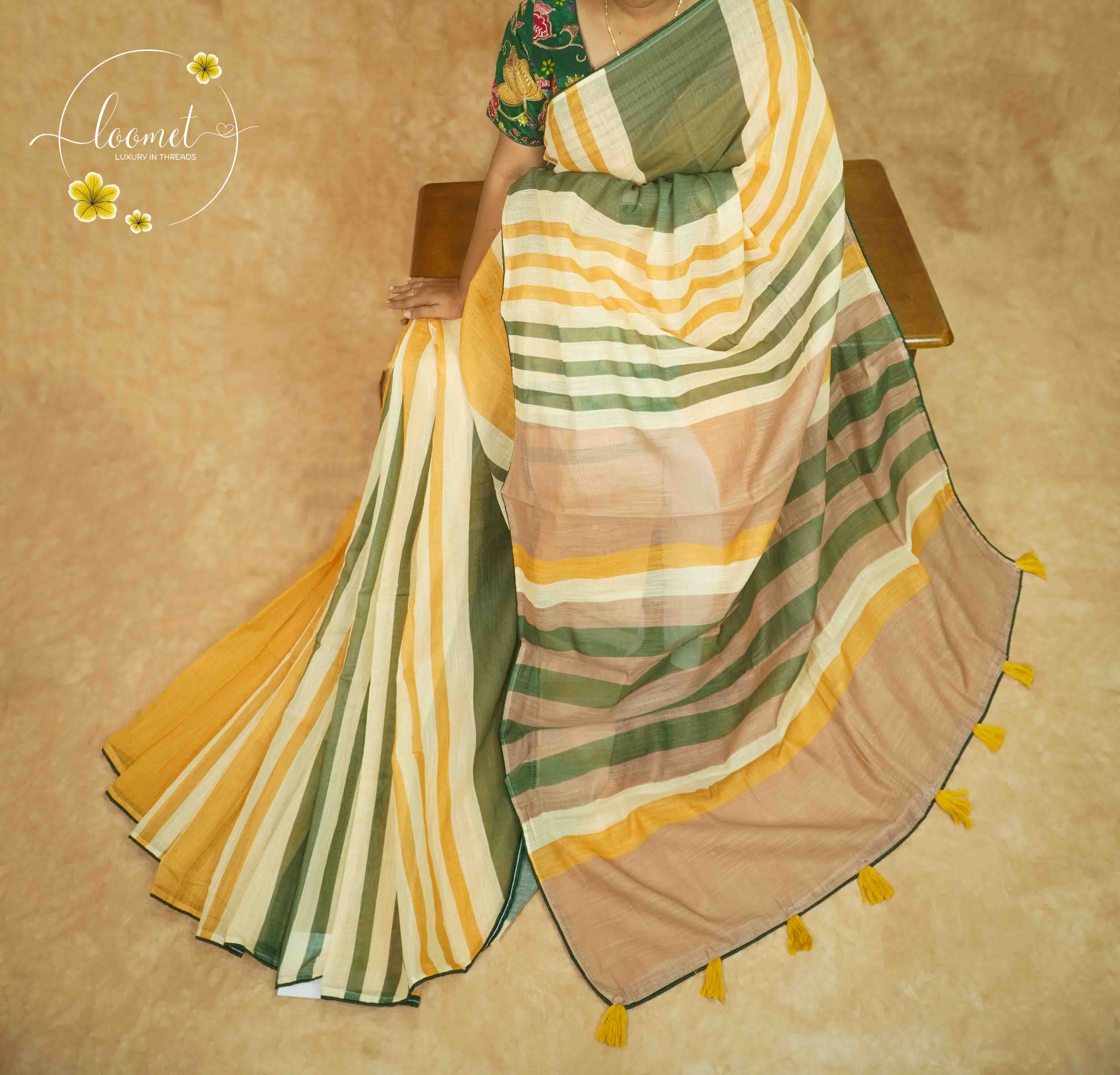 ISS2431 Sage Green & Mustard Yellow Linen Cotton saree with Multi-Directional Stripe Pattern.