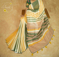 ISS2431 Sage Green & Mustard Yellow Linen Cotton saree with Multi-Directional Stripe Pattern.