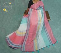 ISS2433 Pastel pink and white Linen cotton saree featuring colorful vertical and horizontal stripe patterns