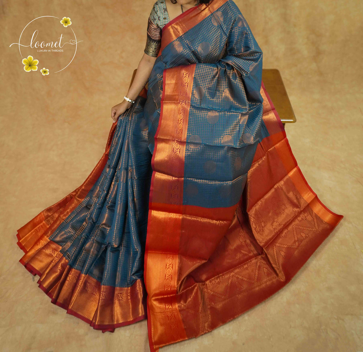 ISS4342 Blue & Copper-Rust semi soft silk saree with grid-check pattern.