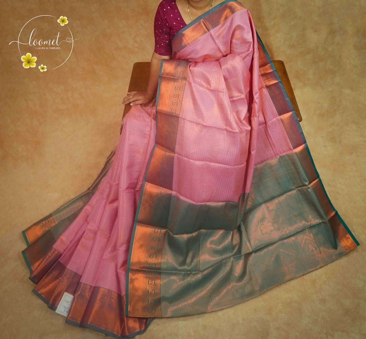ISS4343 Lotus Pink & Teal Blue-Grey Semi Soft silk saree featuring a Grid-Check Pattern.