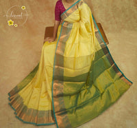 ISS4345 Primrose Yellow & Seaweed Green Semi Soft silk saree featuring a Grid-Check Pattern.