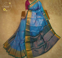 ISS4346 Mazarine Blue, Turquoise & Rich Gold Semi Soft silk saree featuring a Grid-Check Pattern.