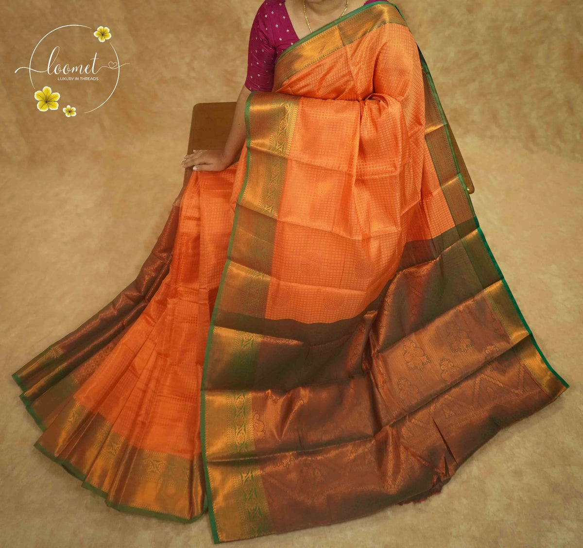 ISS4347 Tangerine Orange & Bottle Green Semi Soft silk saree featuring a Grid-Check Pattern.
