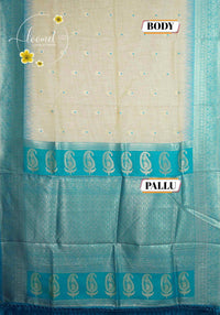 ISS8311 Off-White and turquoise blue Banarasi Semi Cotton saree with floral motifs.