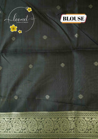 ISS8312 Off-White and black Banarasi Semi Cotton saree with floral motifs.