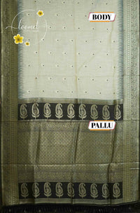 ISS8312 Off-White and black Banarasi Semi Cotton saree with floral motifs.