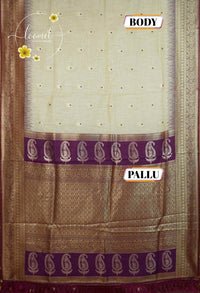 ISS8313 Off-White and wine Banarasi Semi Cotton saree with floral motifs.