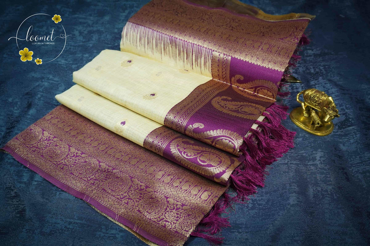 ISS8313 Off-White and wine Banarasi Semi Cotton saree with floral motifs.