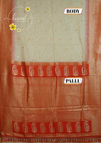 ISS8314 Off-White and vermilion red Banarasi Semi Cotton saree with floral motifs.