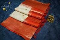 ISS8314 Off-White and vermilion red Banarasi Semi Cotton saree with floral motifs.