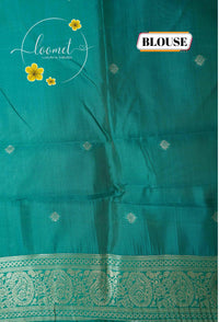 ISS8315 Off-White and teal green Banarasi Semi Cotton saree with floral motifs.