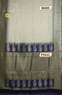 ISS8316 Off-White and royal indigo blue Banarasi Semi Cotton saree with floral motifs.