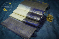 ISS8316 Off-White and royal indigo blue Banarasi Semi Cotton saree with floral motifs.