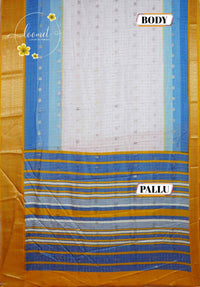 ISS8331 White and Sky-to-Royal Blue Semi Organza Silk with small zari buttas and checkered pattern.