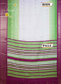 ISS8332 White and Light-to-Dark Green Semi Organza Silk with small zari buttas and checkered pattern.
