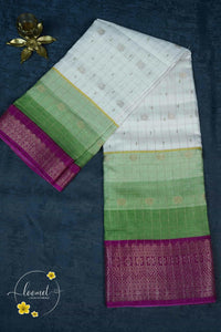 ISS8332 White and Light-to-Dark Green Semi Organza Silk with small zari buttas and checkered pattern.