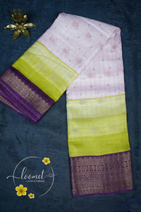ISS8333 White and Yellow-to-Lime Semi Organza Silk with small zari buttas and checkered pattern.