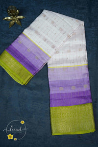 ISS8334 White and Lilac-to-Purple Semi Organza Silk with small zari buttas and checkered pattern.