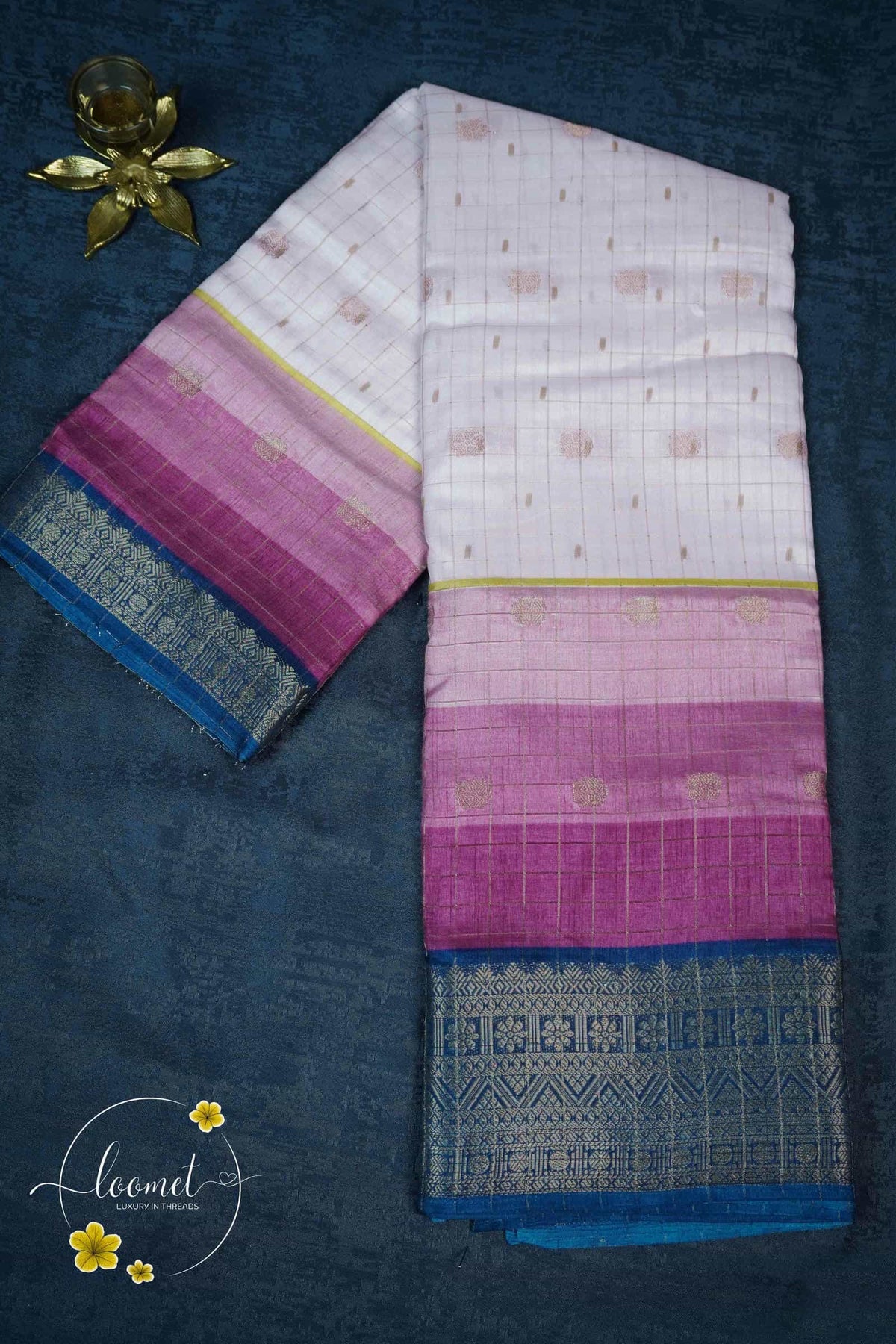 ISS8335 White and Pink-to-Magenta Semi Organza Silk with small zari buttas and checkered pattern.