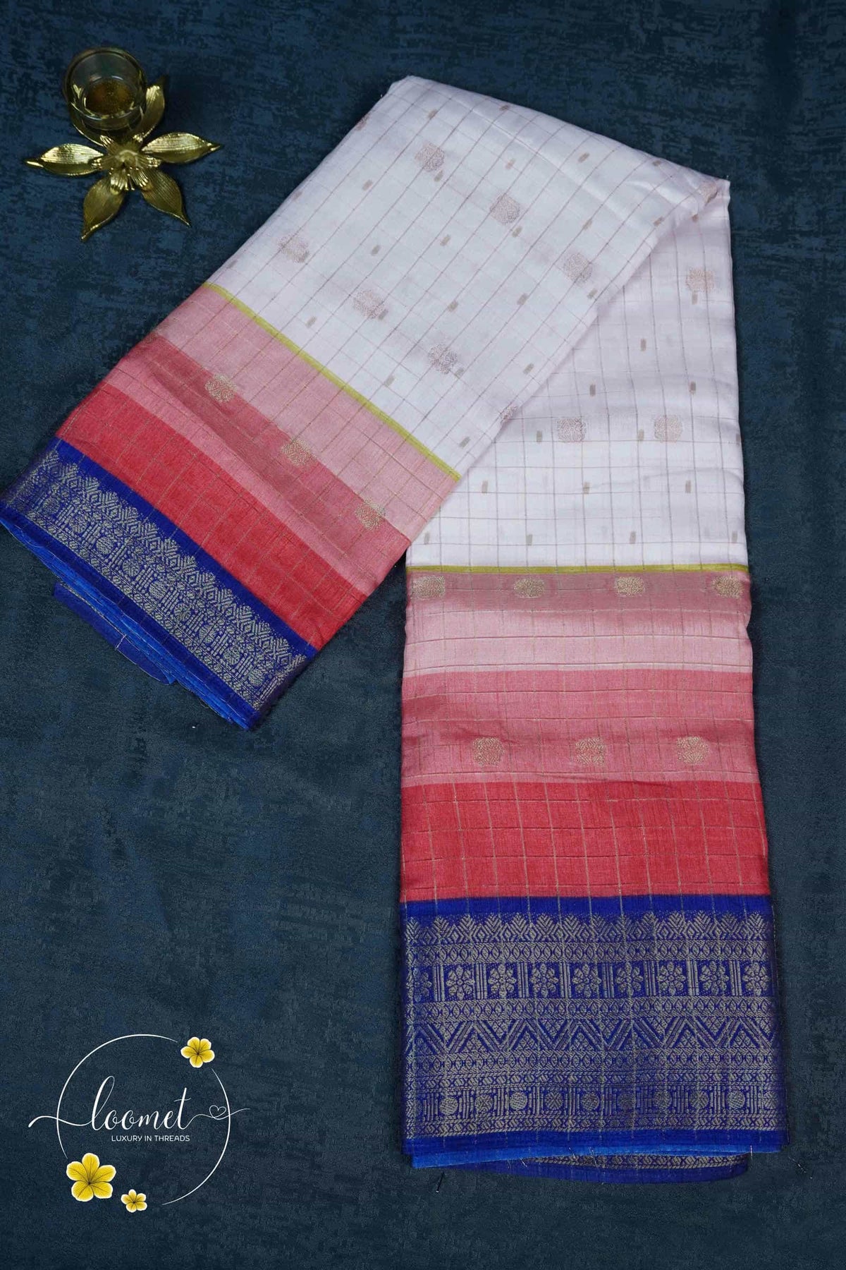 ISS8336 White and Pink-to-Red Semi Organza Silk with small zari buttas and checkered pattern.