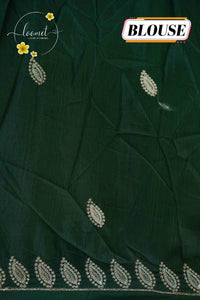 IWS4112 Yellow Tissue Organza saree with silver sequin buttas shaped like small leaves.