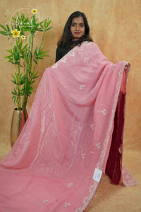 IWS4114 Pink Tissue Organza saree with silver sequin buttas shaped like small leaves.
