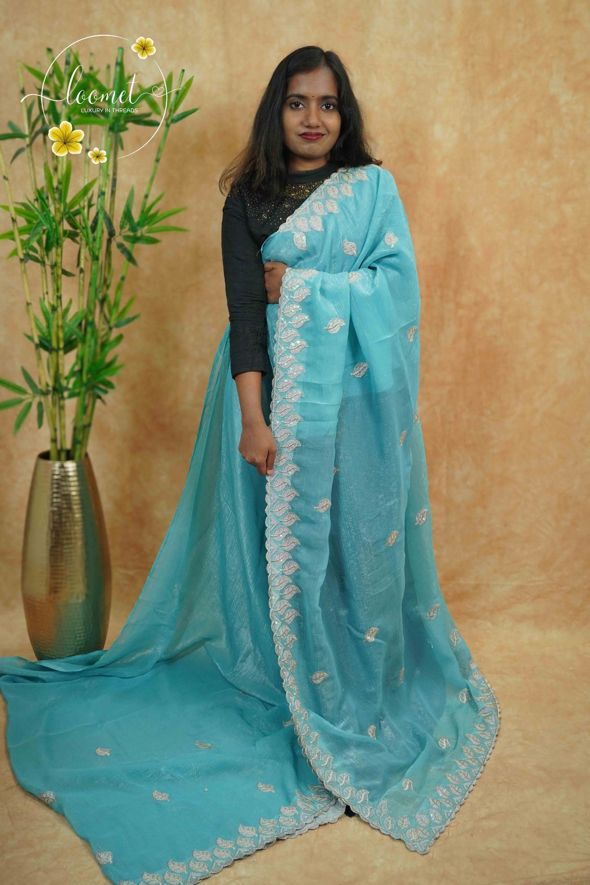 IWS4115 Sky Blue Tissue Organza saree with silver sequin buttas shaped like small leaves.
