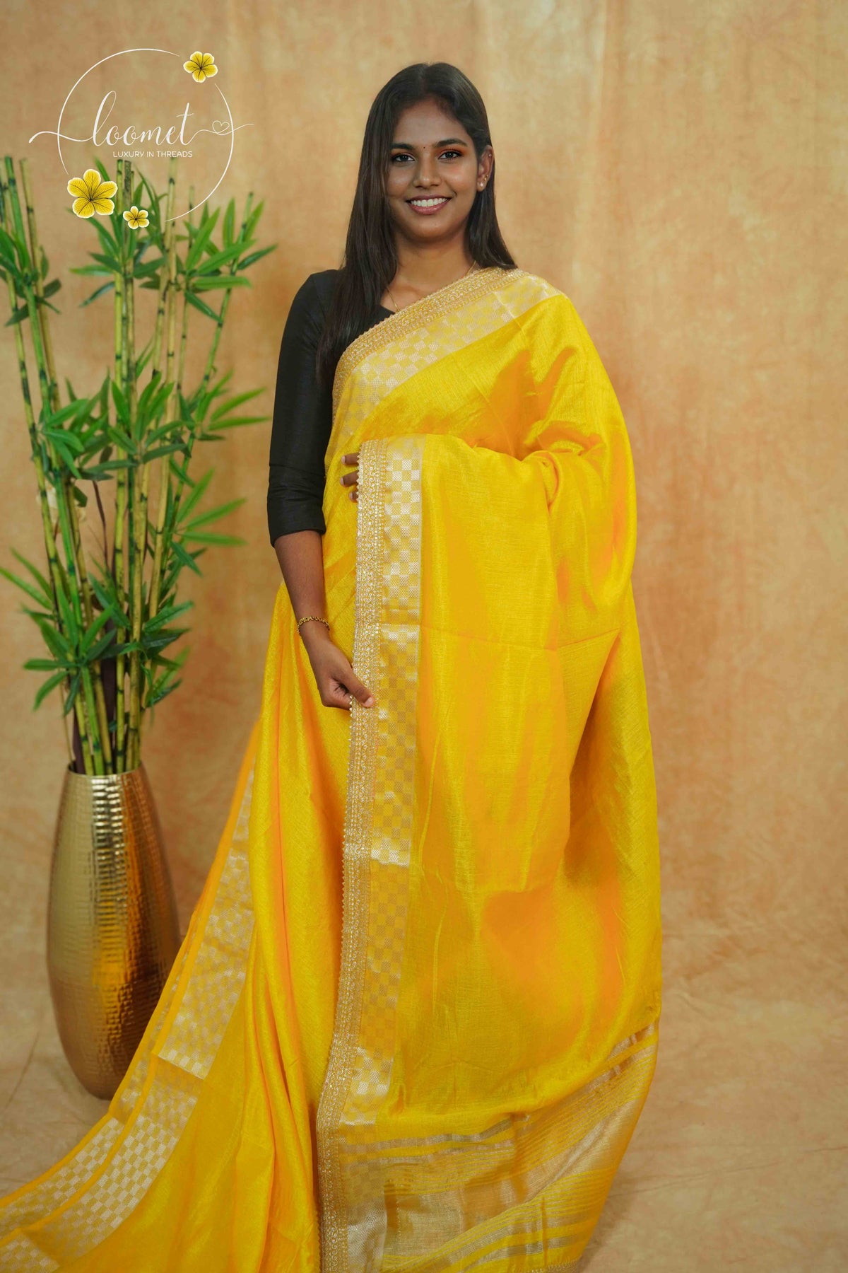 IWS4333 Chrome Yellow semi tussar silk saree with a silver checkered zari border.