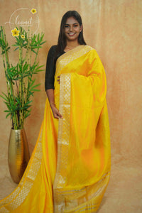 IWS4333 Chrome Yellow semi tussar silk saree with a silver checkered zari border.