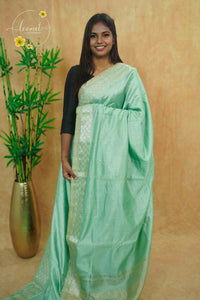 IWS4334 Seafoam green semi tussar silk saree with a silver checkered zari border.
