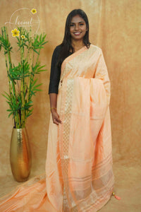IWS4335 Peach semi tussar silk saree with a silver checked zari border.