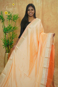 IWS4335 Peach semi tussar silk saree with a silver checked zari border.